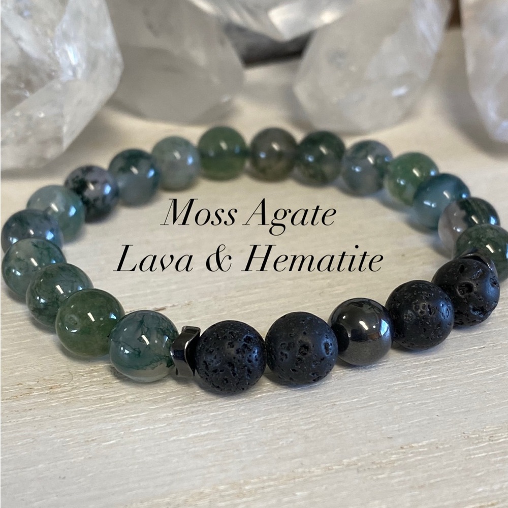 2/$40 - Moss Agate Lava & Hematite Gemstone Stretchy Bracelet - Unisex -8mm
